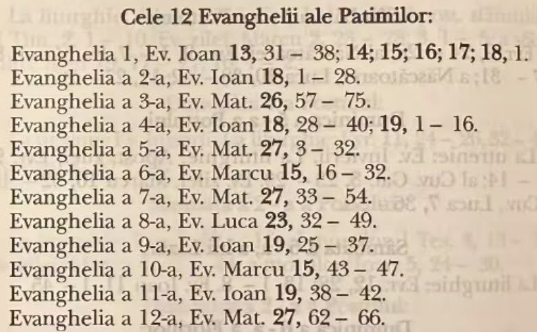 Pagina din cartea liturgică ortodoxă cu lista completă a celor 12 Evanghelii ale Patimilor: referințele biblice exacte pentru fiecare pericopă, de la Evanghelia 1 (Ioan 13, 31–38; 14; 15; 16; 17; 18, 1) până la Evanghelia a 12-a (Matei 27, 62–66)